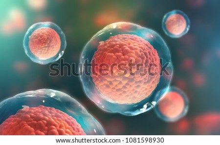 Cells of the body under a microscope. Research of stem cells. Cellular Therapy and Regeneration. 3D illustration