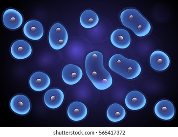 Cells Culture Background In Blue With Cell Division And Nucleus. Luminescence Membrane Effect. Bacteria, Virus.  Microbiological 3d Scientific Illustration.