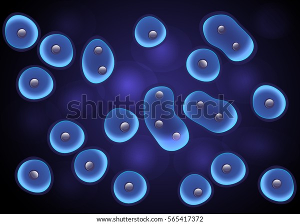 Cells culture background in blue\
with cell division and nucleus. Luminescence membrane effect.\
Bacteria, virus.  Microbiological 3d scientific\
illustration.