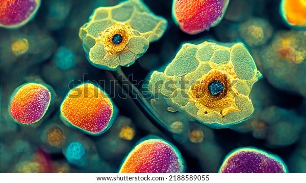 Cells of\
a living organism. Closeup of a living biological organism.\
Conceptual background. Medicine, microbiology, viruses. 3D\
rendering. Digital generation 3D illustration.\
