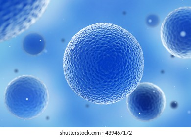 Cells on blue background, micro view. Medical and microbiological scientific research illustration. 3D rendering