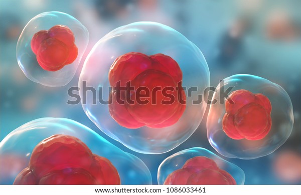 Cells\
under a microscope. Research of stem cells. Cellular Therapy. Cell\
division. 3d illustration on a light\
background