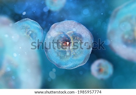 Cells under a microscope. Stem cell research. Cell therapy. Cell division. 3d illustration