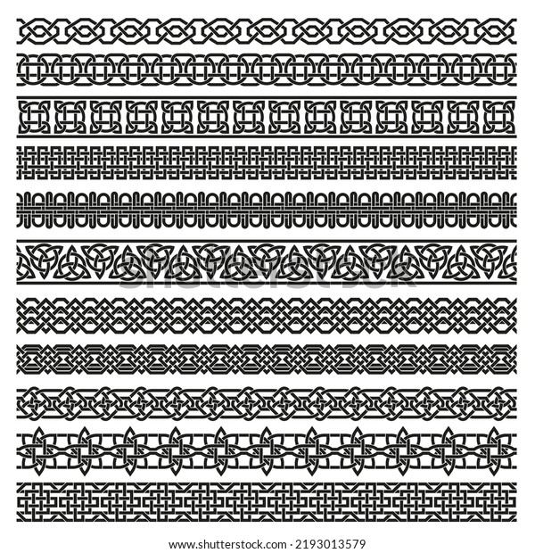 Celtic\
seamless border. Scotland knots, ancient decorative ornament\
pattern  set. Braided Irish symbolic elements, symmetric spiritual\
dividers in medieval style isolated on\
white