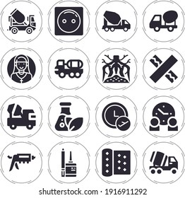 Cement 16 Filled Icon Set With Concrete Mixer, Cement Truck, Concrete, Mixer, Caulk Gun, Wall Socket, Glue, Wallpaper, Chewing Gum, Extract, Wall Clock, Root