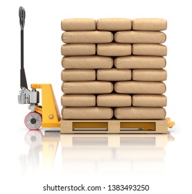 Cement bags and pallet jack on white reflective background - 3D illustration