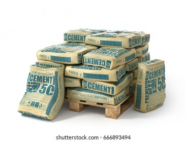 Cement bags stack on wooden pallet. Paper sacks isolated on white background. 3d illustration