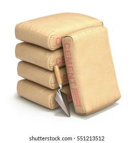 Cement bags with trowel on white background - 3D illustration