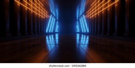 Cement Concrete Sci Fi Futuristic Cyber Neon Electric Laser Lights Glowing Orange Blue Tunnel Corridor Hallway Pillars Dark Background Spaceship Underground 3D Rendering Illustration