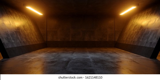 Cement Dark Grunge Orange White Glowing Led Parking Underground Car Warehouse Garage Studio Rough Modern Reflective Spaceship Tunnel Corridor Showcase 3D Rendering Illustration