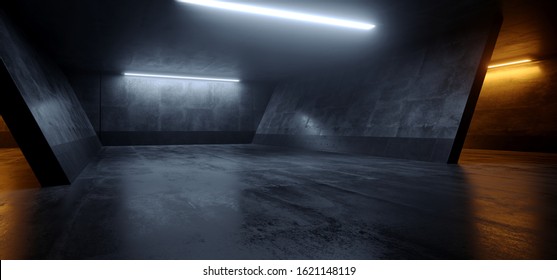 Cement Dark Grunge Orange White Glowing Led Parking Underground Car Warehouse Garage Studio Rough Modern Reflective Spaceship Tunnel Corridor Showcase 3D Rendering Illustration