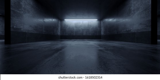 Cement Dark Grunge Parking Underground Car Warehouse Garage Studio Rough Modern Reflective Spaceship Tunnel Corridor Showcase 3D Rendering Illustration