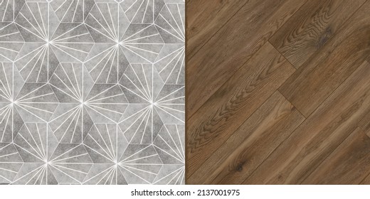 Cement Tile Floor. Transition Flooring. Wood Tile. Wood Pattern Texture Used For Interior Exterior Ceramic Wall Tiles And Floor Tiles Wooden Pattern. Hexagon Tiles Spilling Out Into The Wood Flooring.