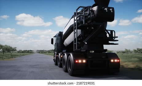 Cement Truck Very Fast Driving On Highway. Building Concept. 3d Rendering. 3D Illustration