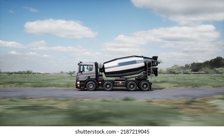 Cement Truck Very Fast Driving On Highway. Building Concept. 3d Rendering. 3D Illustration