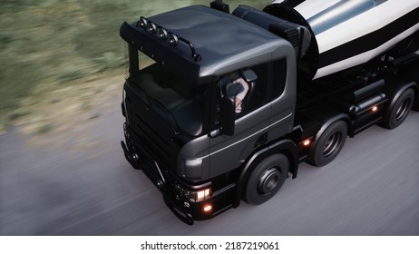 Cement Truck Very Fast Driving On Highway. Building Concept. 3d Rendering. 3D Illustration