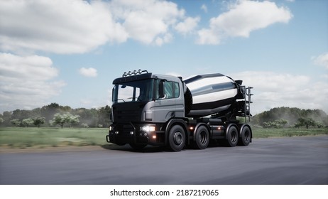 Cement Truck Very Fast Driving On Highway. Building Concept. 3d Rendering. 3D Illustration