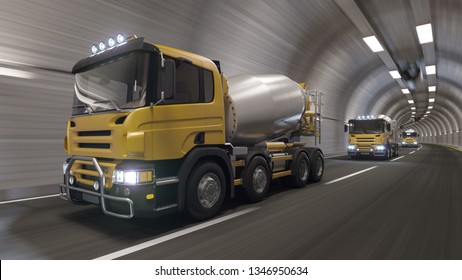 Cement Trucks Moving in a Row Inside the Tunnel 3D Rendering