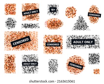 Censorship mosaic sign, censored bar and nudity pixel blur. Pixelation effect for photo or video. Adult 18 plus content censor  set. Illustration of control data censor, adult censorship