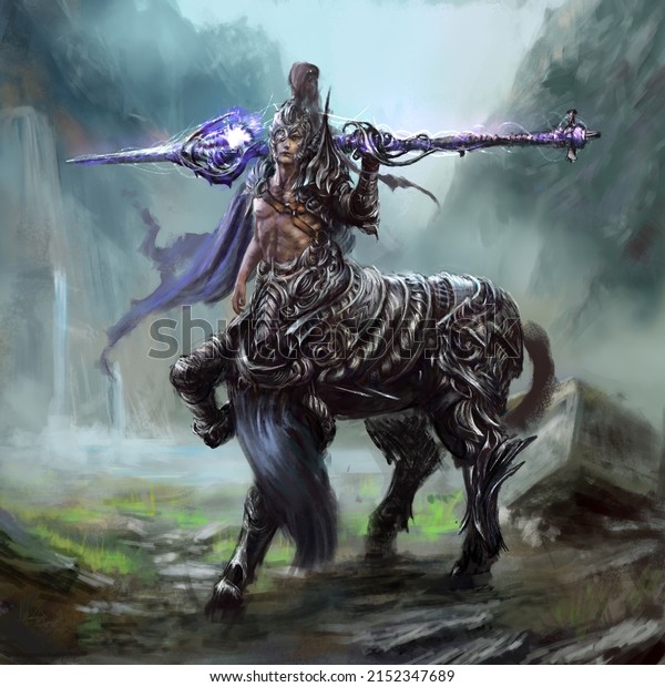 A centaur warrior in steel armor\
holds a magical pike in his hand, he is missing one eye, behind him\
is a waterfall. Digital drawing style, 2D\
Illustration
