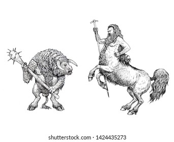 Centaurus and minotaur anatomy comparison. Monster illustration. Fantasy ink drawing.