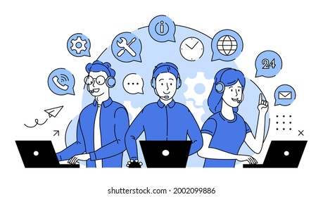 Сall center, call processing system. Customer service, hotline operators advise clients with headsets on laptops,  24 Hours, 7 Days A Week, Global online technical support. Flat illustration 
