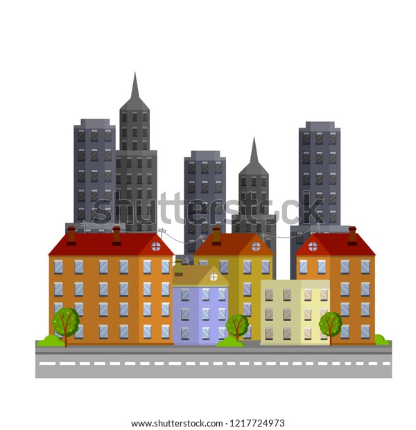 The center of the city with houses and the
road. High skyscrapers in the background. Modern building. Cartoon
flat illustration
