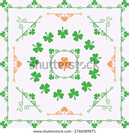 Centered ornamental shamrock pattern is appearing in flat vector design, with orange medallion. Clover, green, lavender, border, filigree, motif, symmetry