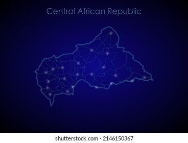 Central African Republic concept map with glowing cities and network covering the country, map of Central African Republic suitable for technology or innovation or internet concepts.