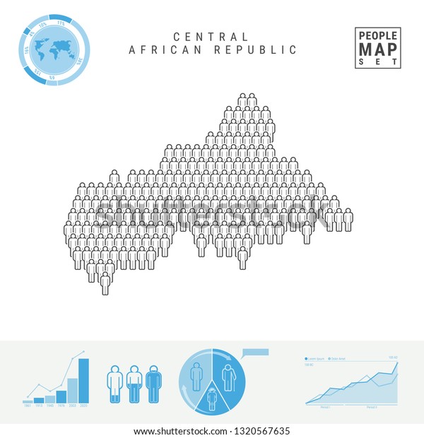 Central African Republic People Icon Map. People\
Crowd in the Shape of a Map of CAR. Stylized Silhouette of CAR.\
Population Growth, Aging Infographic Elements. Illustration\
Isolated on\
White.