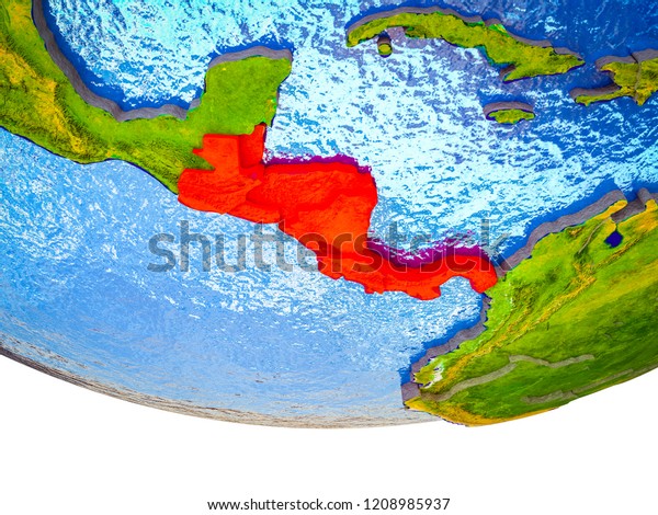 Central America on 3D Earth with divided\
countries and watery oceans. 3D\
illustration.