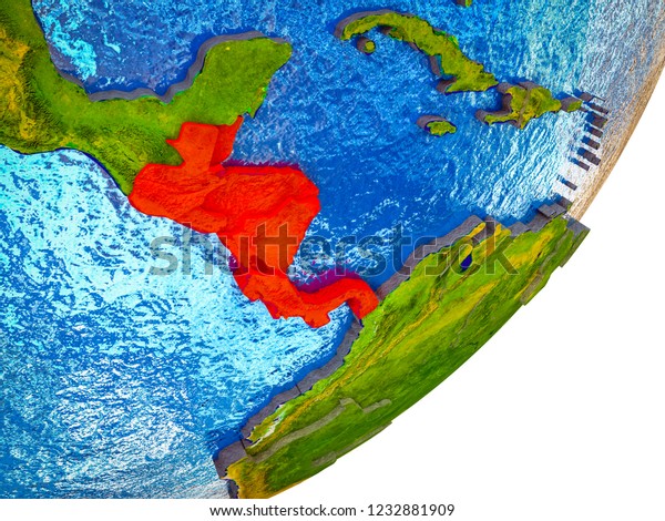 Central America on 3D model of Earth with\
water and divided countries. 3D\
illustration.