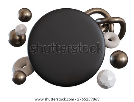 A central black shape is surrounded by various circles and spheres. This setup creates a simple three-dimensional design. The elements have different textures and colors.