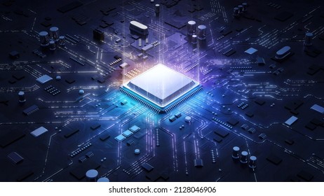 Concepto de CPU de procesadores de computadora centrales. Chip digital de motherboard. Antecedentes de la ciencia de la tecnología. Procesador de comunicaciones integrado. ilustración 3D