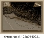 Central, development region of Nepal. Elevation map colored in sepia tones with lakes and rivers. Locations and names of major cities of the region. Corner auxiliary location maps