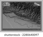 Central, development region of Nepal. Grayscale elevation map with lakes and rivers. Locations and names of major cities of the region. Corner auxiliary location maps