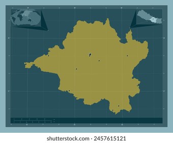 Central, development region of Nepal. Solid color shape. Locations of major cities of the region. Corner auxiliary location maps
