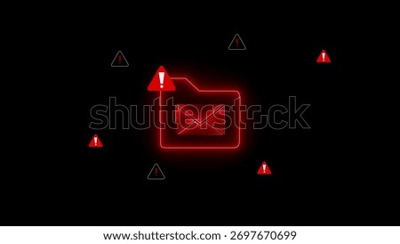 A central email folder icon with a red exclamation mark warning and a neon red border is surrounded by multiple red and grey warning symbols on a black background.