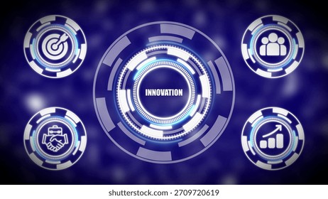 A central glowing circular interface displays the word INNOVATION in bold white text, surrounded by concentric rings and digital patterns.