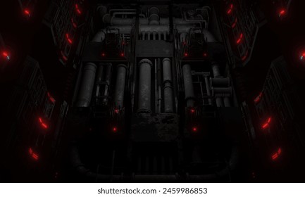 Central hall general base of operations abandoned with steel pipe under floor in dark scene 3d render wallpaper background