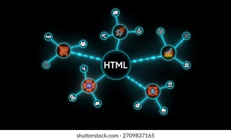 Central HTML hub connected to diverse technology and business icons in a network diagram HTML Hypertext Markup Language