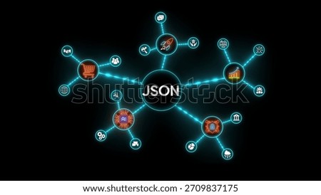 Central JSON hub connected to diverse technology and business icons in a network diagram JSON JavaScript Object Notation