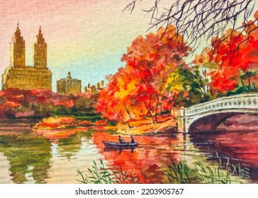 Central Park. New York. Beautiful Autumn, Lake, Boat, Bridge. Downtown. City NYC. Watercolor Painting. Acrylic Drawing Art. A Piece Of Art. 