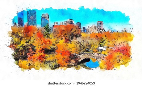 Central Park In New York, Watercolor Sketch Illustration.