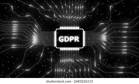 Central processing unit with G D P R text on a dark background with glowing circuit board lines and digital squares