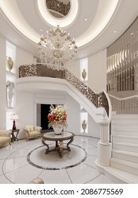 Das zentrale runde Foyer im Innern ist klassisch mit einer Wendeltreppe und schmiedeeisernen Geländern und einem Sitzbereich mit weichen Sesseln und weißen Wänden mit klassischem Dekor. 3D-Darstellung. 