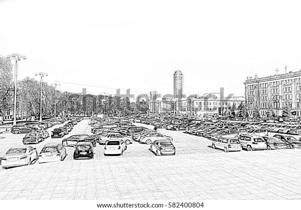 Central square of Yekaterinburg. Car parking\
problem in urban metropolitan\
areas