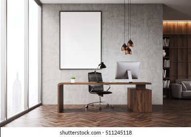 CEO Office With Bookcase, Sofa, Table And Large Vertical Poster On Concrete Wall. 3d Rendering. Mock Up.