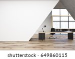 CEO office interior with a black wooden table, a chair, a panoramic window and a white triangular decoration element. 3d rendering, mock up