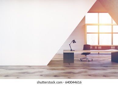 CEO Office Interior With A Black Wooden Table, A Chair, A Panoramic Window And A White Triangular Decoration Element. 3d Rendering, Mock Up, Toned Image